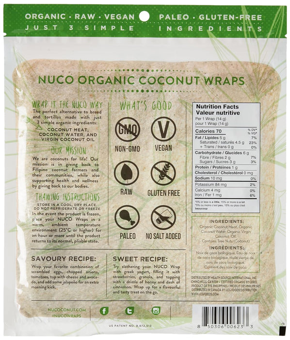 back side of Nuco Organic Coconut Wraps Original, 5 pack